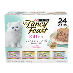 Fancy Feast bacalao del océano lata abierta, sabor suave para gatitos curiosos.