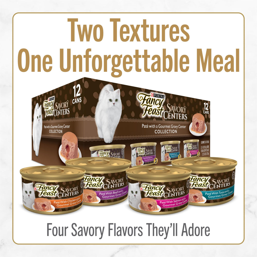 Fancy Feast Centros Sabrosos Atún Pate: centro jugoso que realza sabores oceánicos.