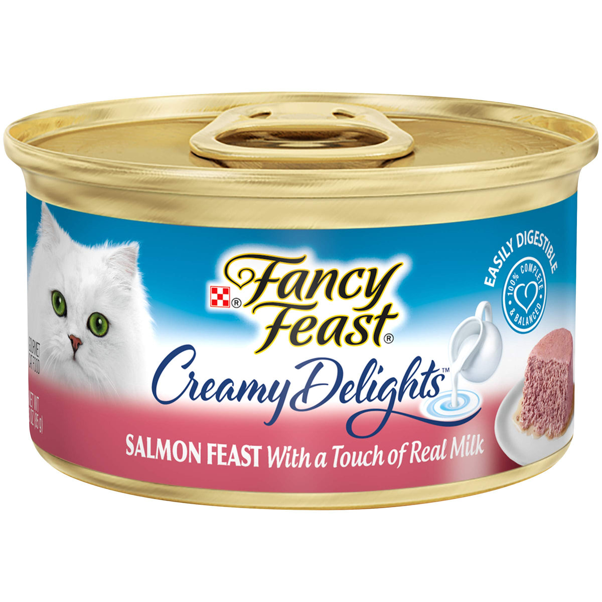 Fancy Feast Delicias Cremosas de Salmón, pate en lata, sabor gourmet para gatos.