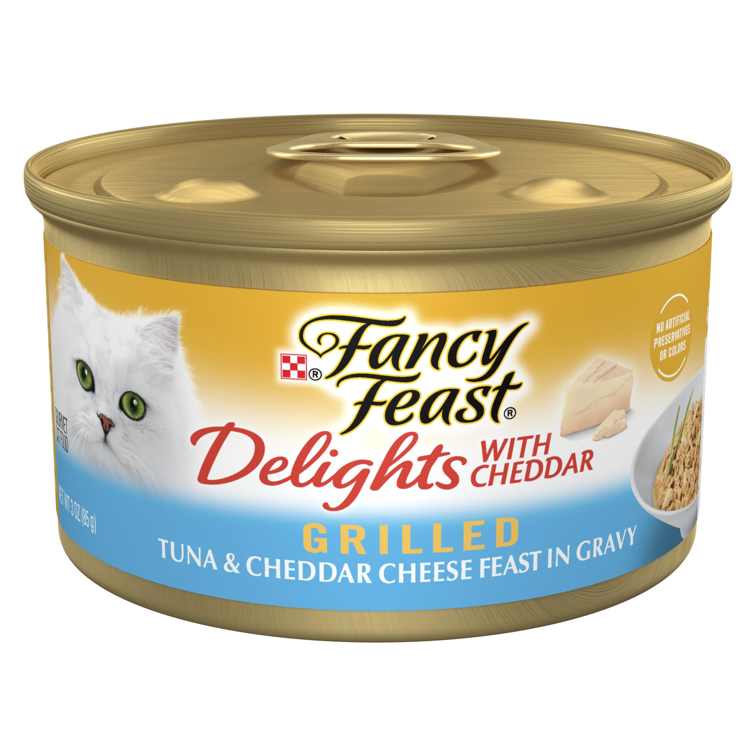 Purina Fancy Feast Delights con atún y cheddar, lata abierta para gato