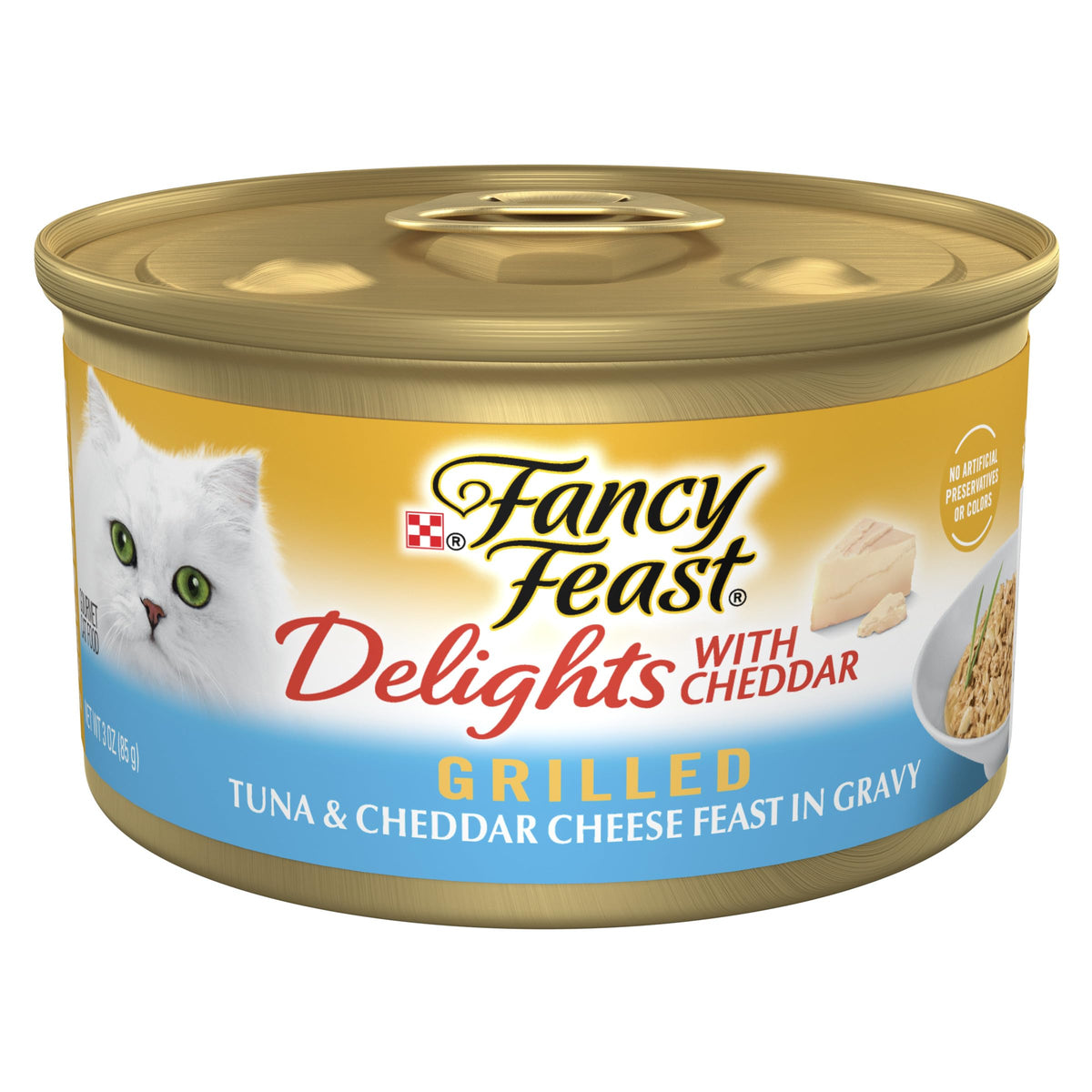 Purina Fancy Feast Delights con atún y cheddar, lata abierta para gato
