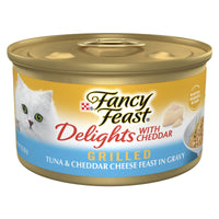 Purina Fancy Feast Delights con atún y cheddar, lata abierta para gato