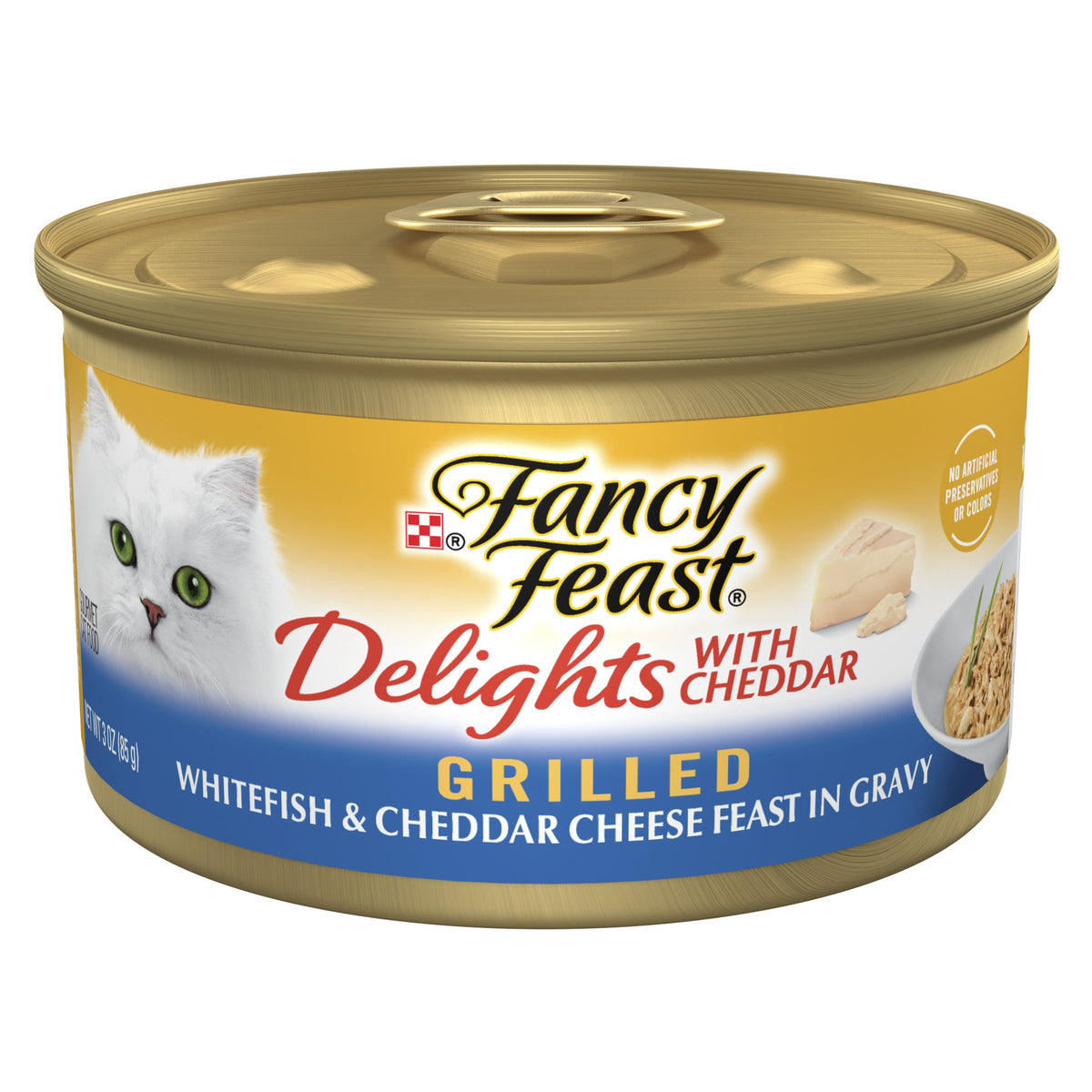 Fancy Feast Delights lata con filete blanco a la parrilla y cheddar, sabroso para gatos.