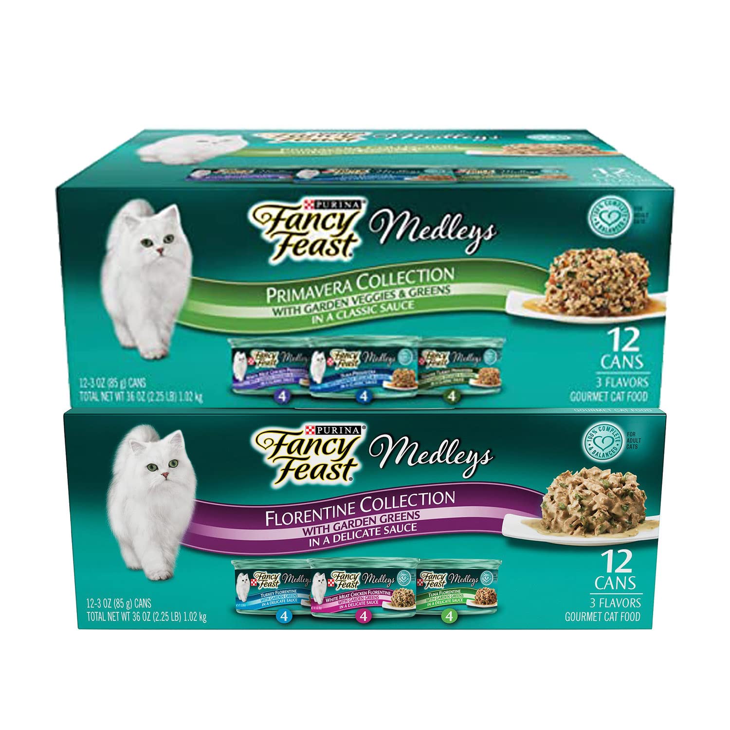 Fancy Feast Duo Primavera y Florentine, latas, variedad de sabores para cada comida felina.