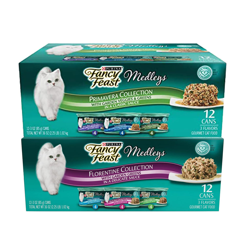 Fancy Feast Duo Primavera y Florentine, latas, variedad de sabores para cada comida felina.