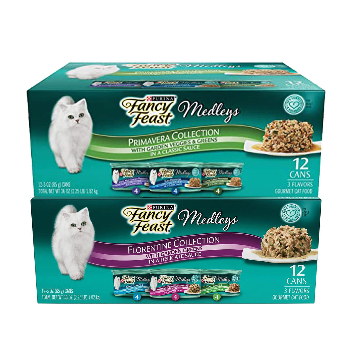 Fancy Feast Duo Primavera y Florentine, latas, variedad de sabores para cada comida felina.