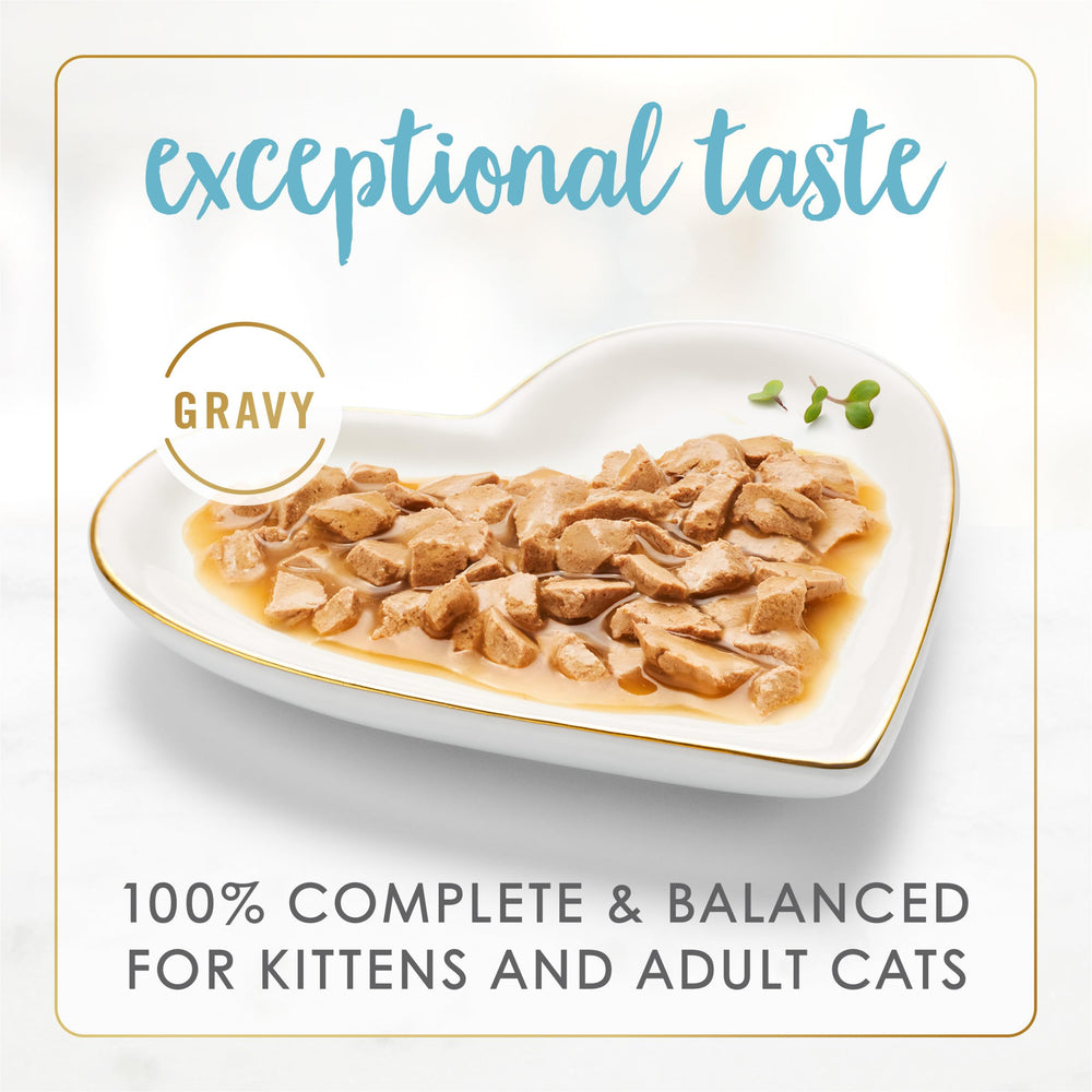 Gravy espeso realza el sabor de salmón y lenguado para gatos curiosos.