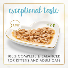 Gravy espeso realza el sabor de salmón y lenguado para gatos curiosos.