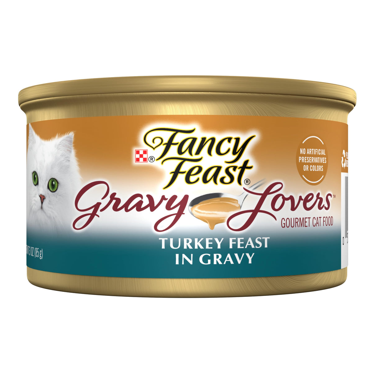 Fancy Feast Gravy Lovers pavo asado en lata, cena húmeda para gatos adultos.