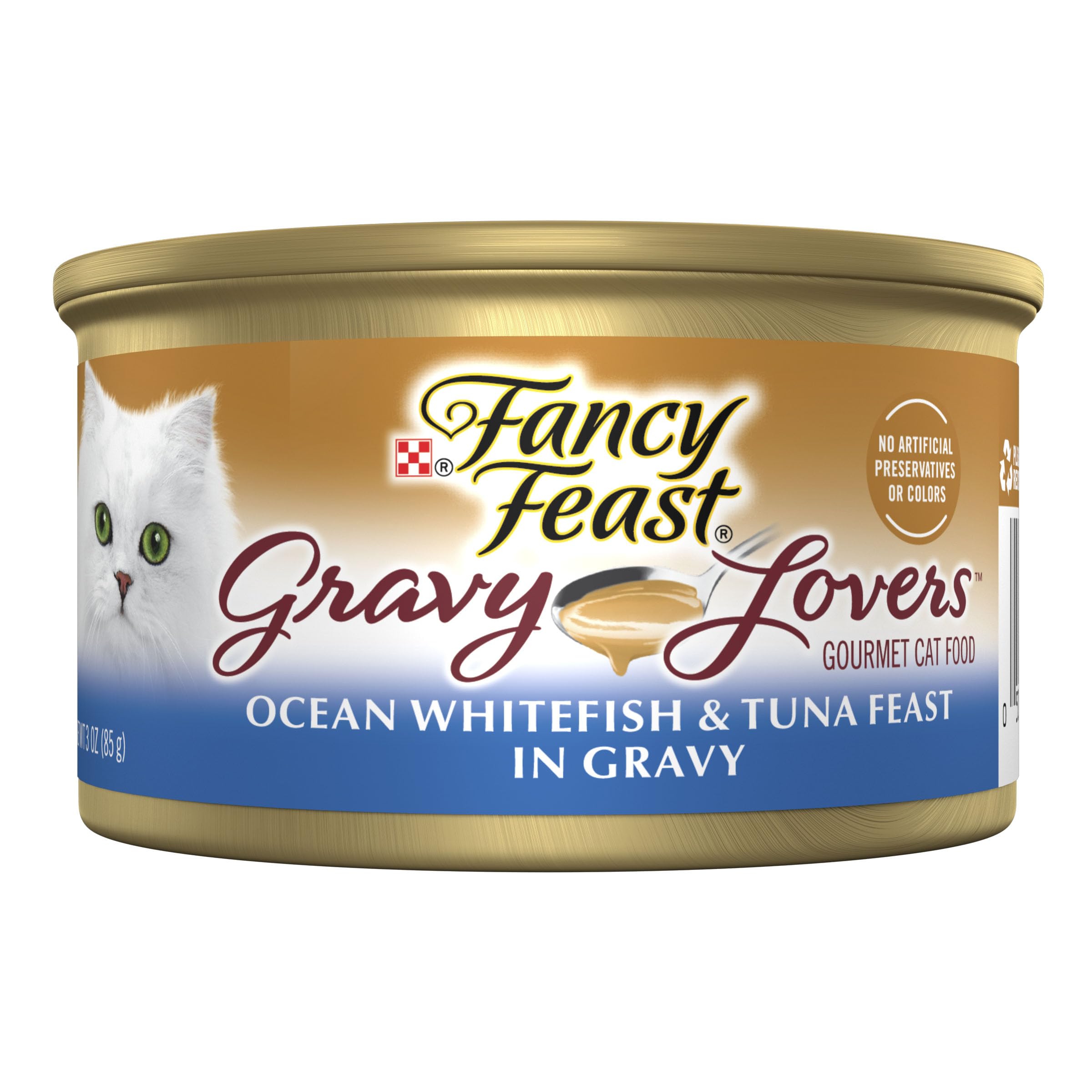 Purina Fancy Feast Gravy con pescado blanco del océano y atún, lata con salsa sabrosa para gatos.