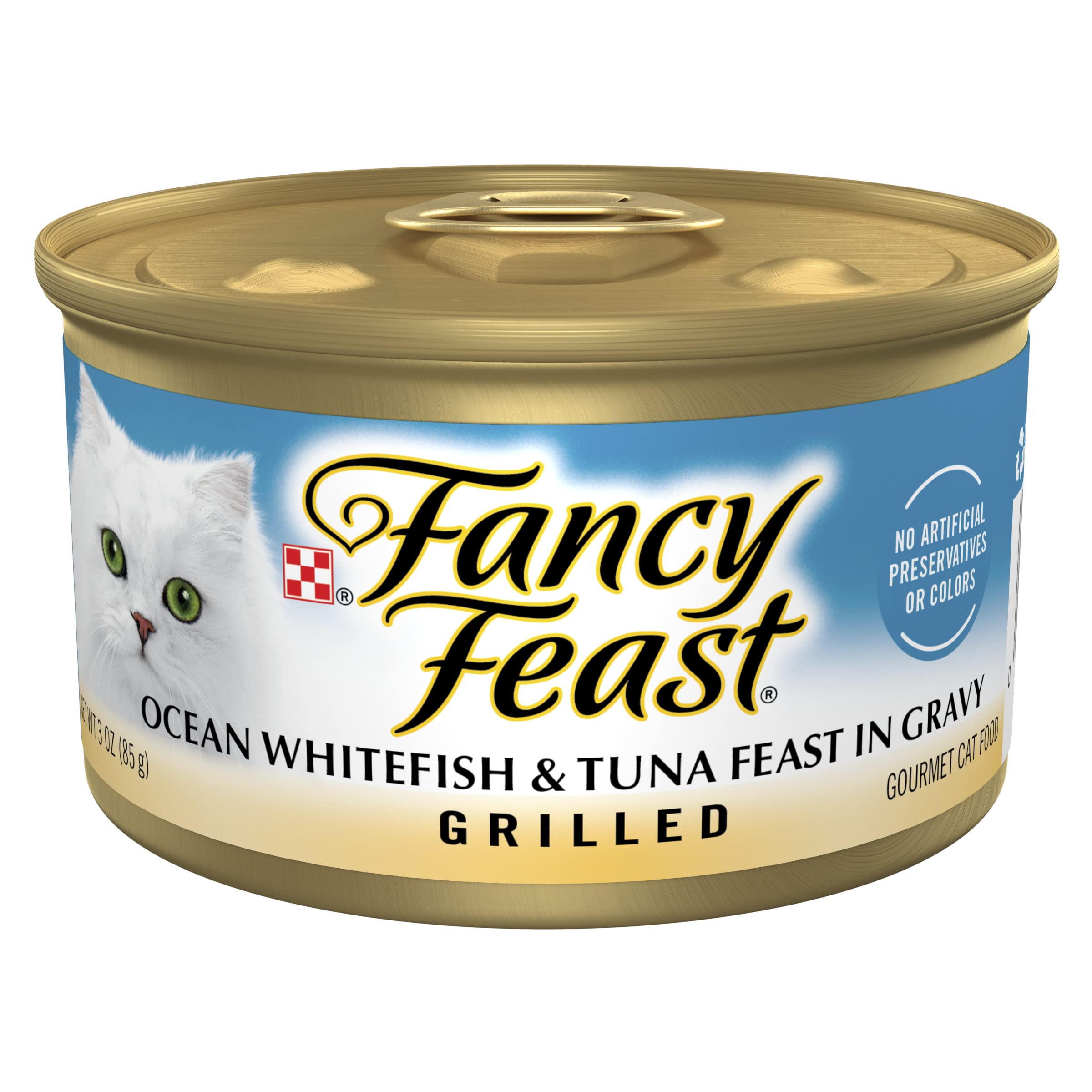 Fancy Feast abierto con trozos de pez blanco y atún en salsa, sabroso para la comida diaria.