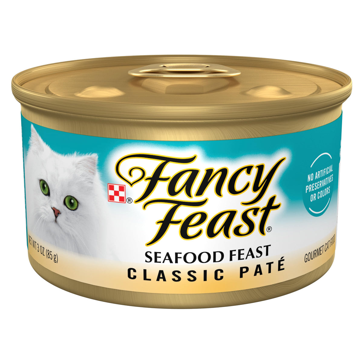 Purina Fancy Feast Seafood Feast, mariscos-lata-pate, sabor premium para gatos exigentes.