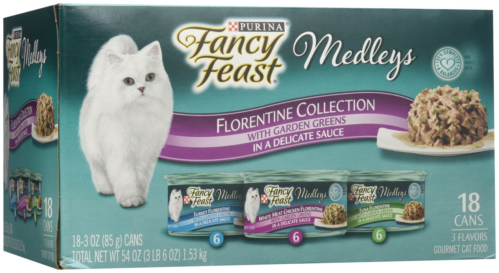 Fancy Feast Purina Medleys Florentine, lata de pollo blanco: nutrición completa en porción tierna.