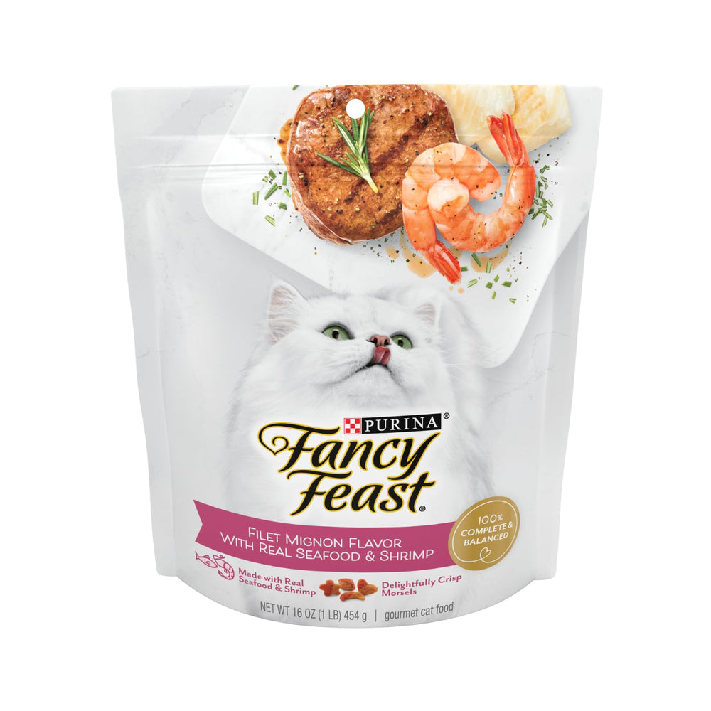 Fancy Feast Mordiscos crujientes con mariscos para gato exigente.