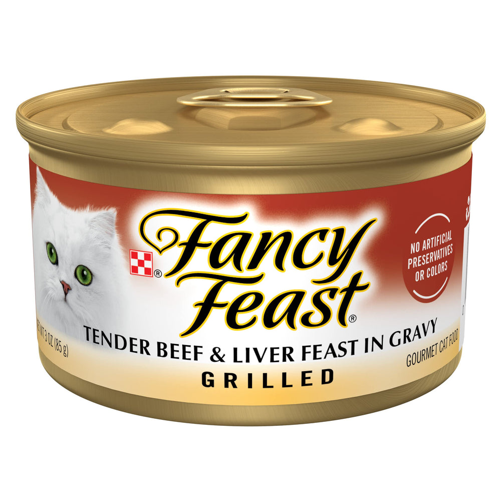 Fancy Feast parrilla ternera hígado en salsa, comida húmeda para gatos adultos.