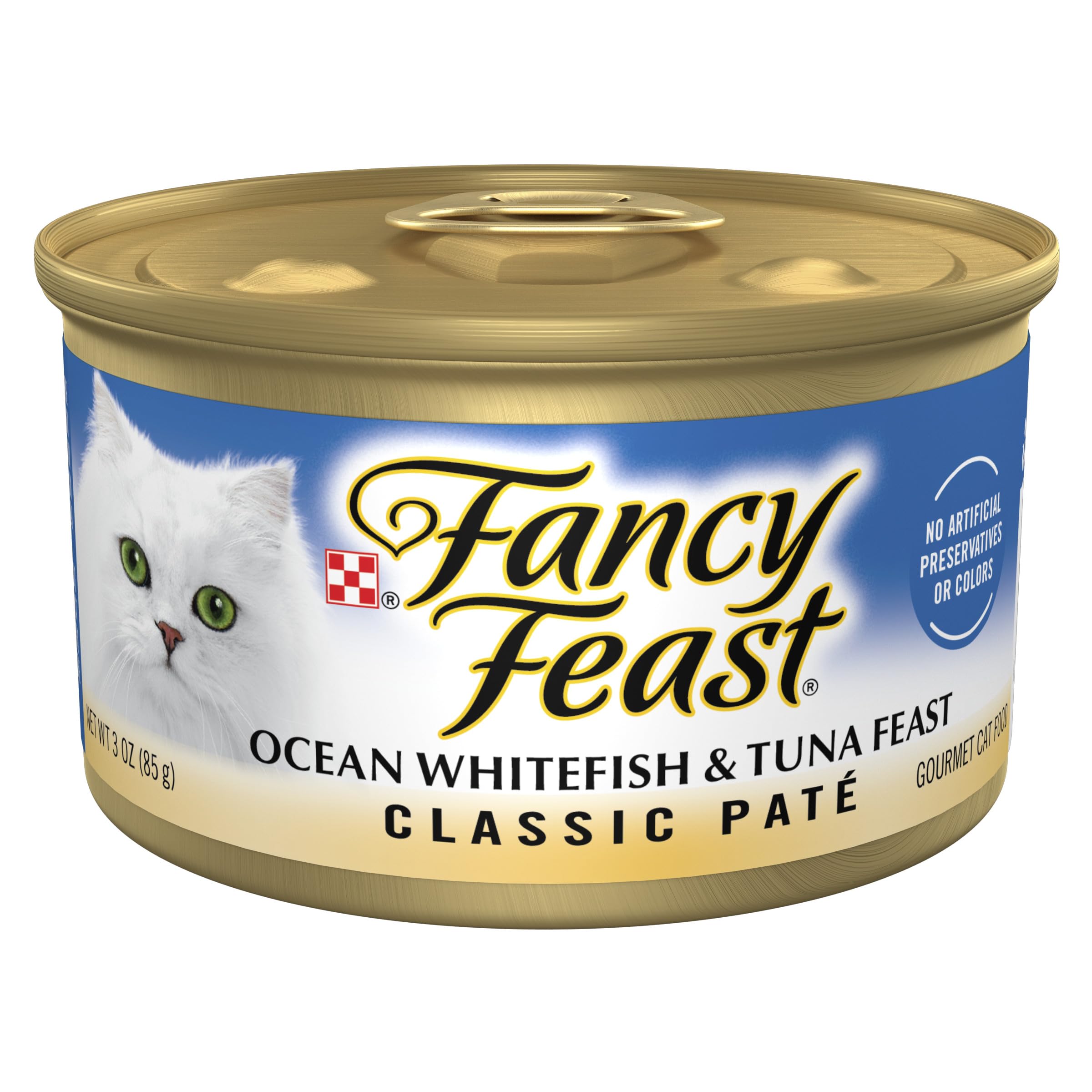 Fancy Feast pate pescado blanco y atún, una lata visible, sabor marino para gatos exigentes.