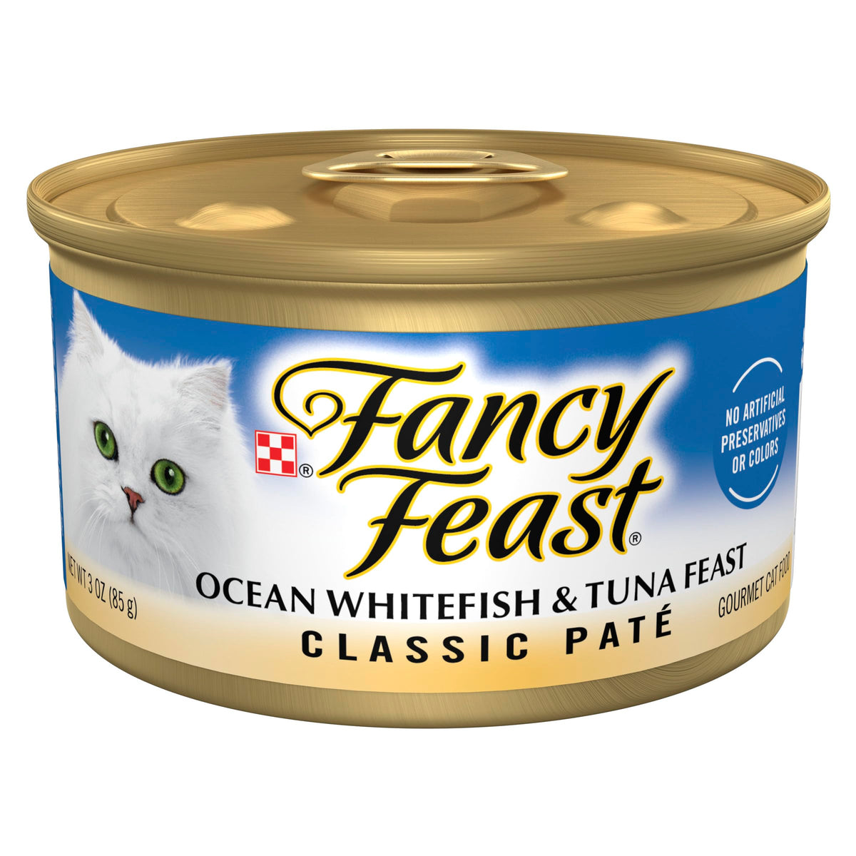 Fancy Feast pate pescado blanco y atún, una lata visible, sabor marino para gatos exigentes.
