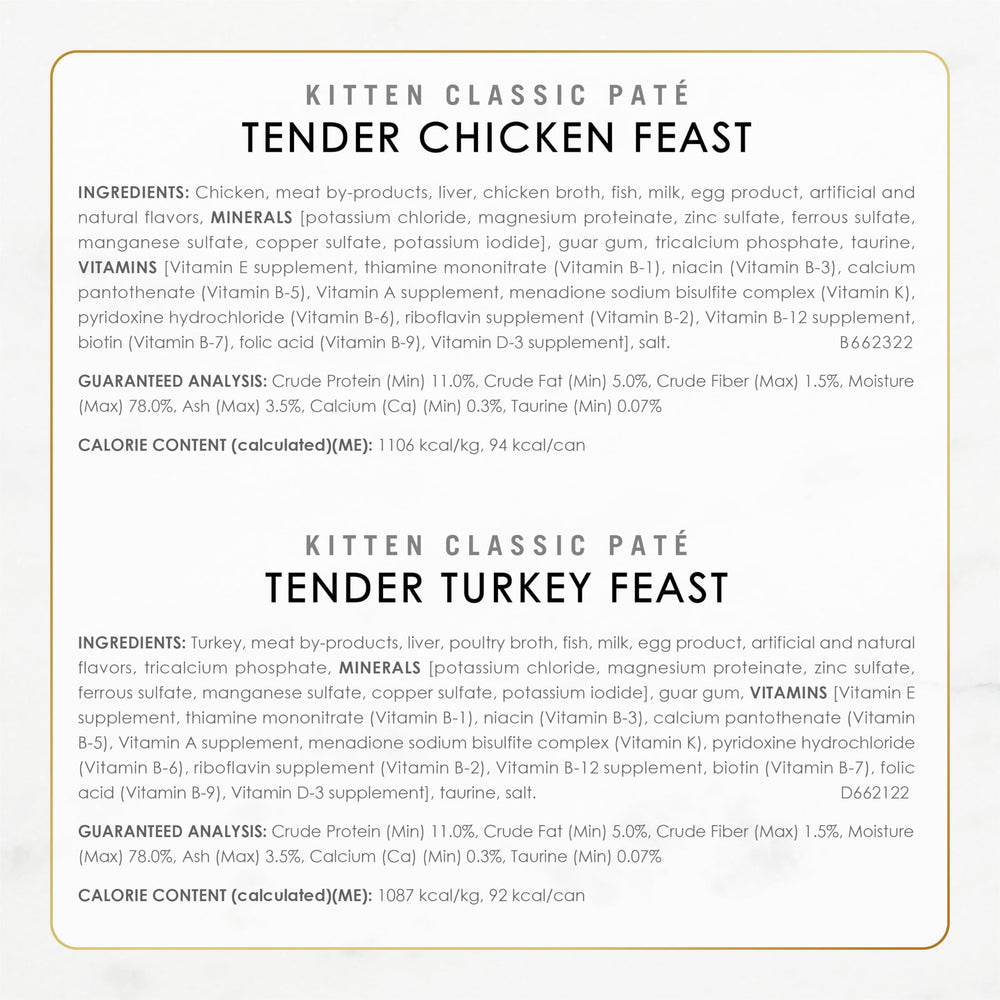 Fancy Feast pollo lata abierta, proteína real para gatitos felices.