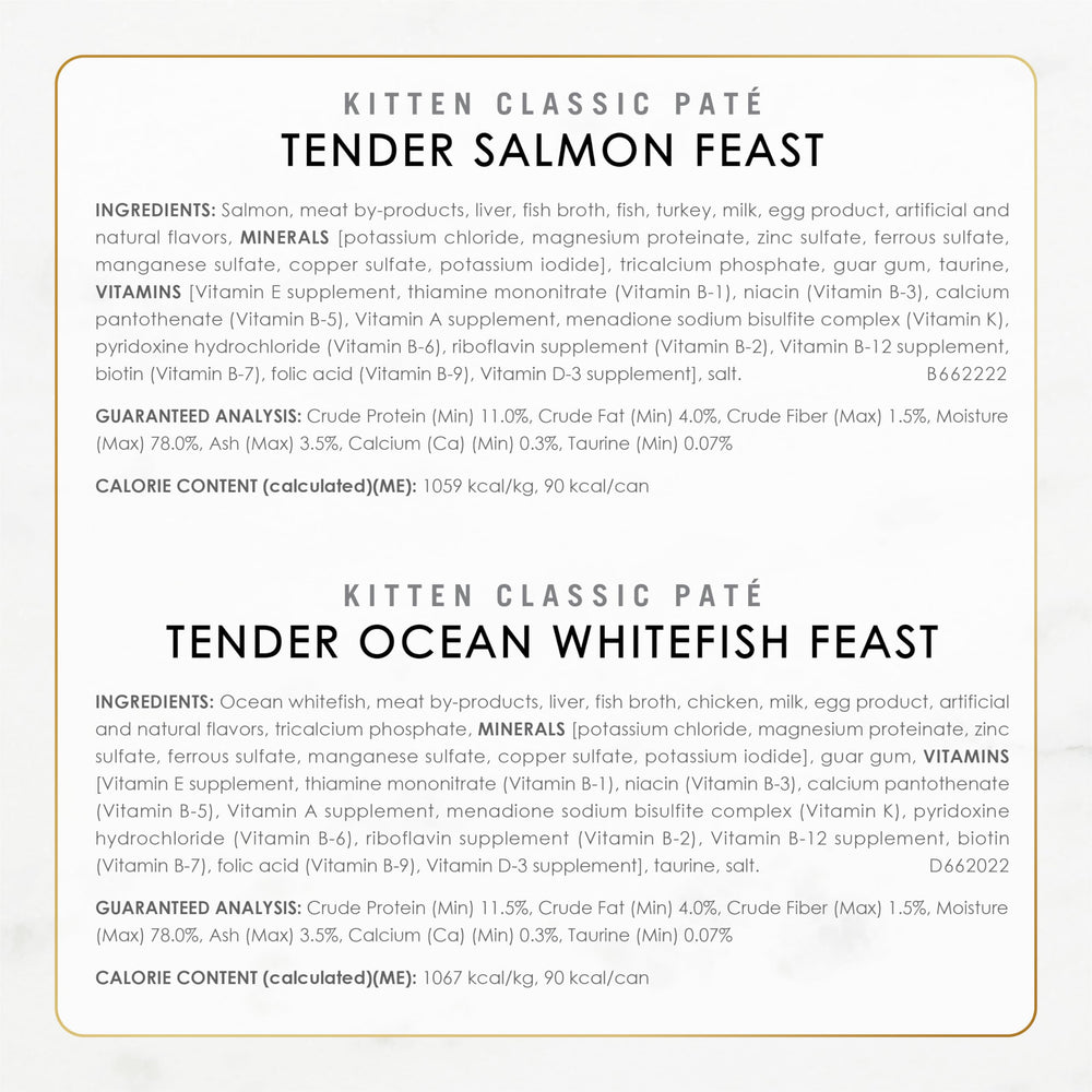 Fancy Feast pollo lata abierta, textura suave para bocas pequeñas.