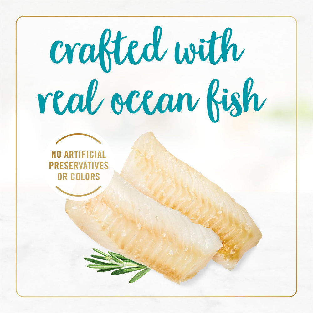 Purina Fancy Feast Seafood Feast, primer-ingrediente-pescado, apoyo a una dieta basada en proteínas.