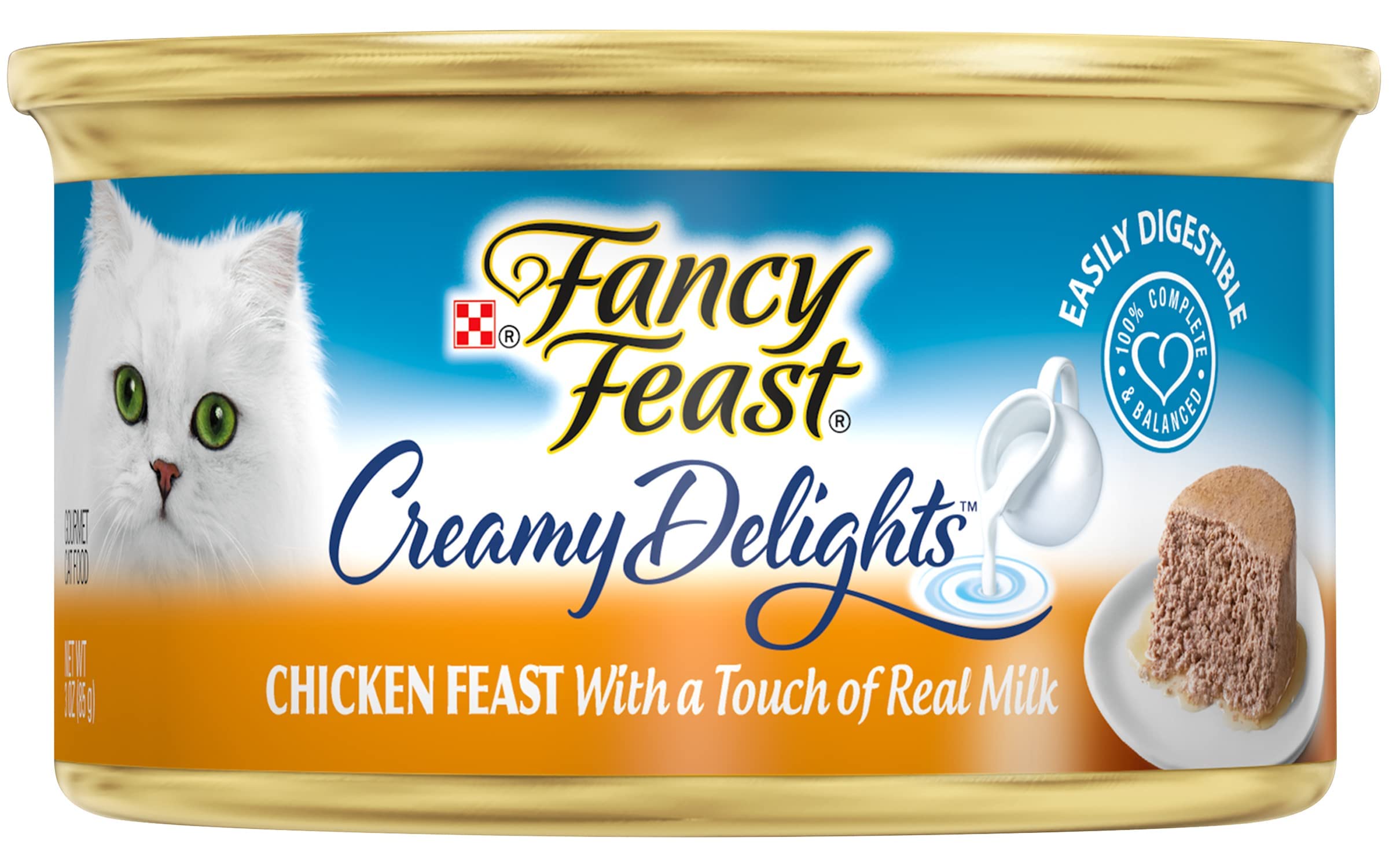 Fancy Feast Purina delicias de pollo con leche real, aroma apetitoso.