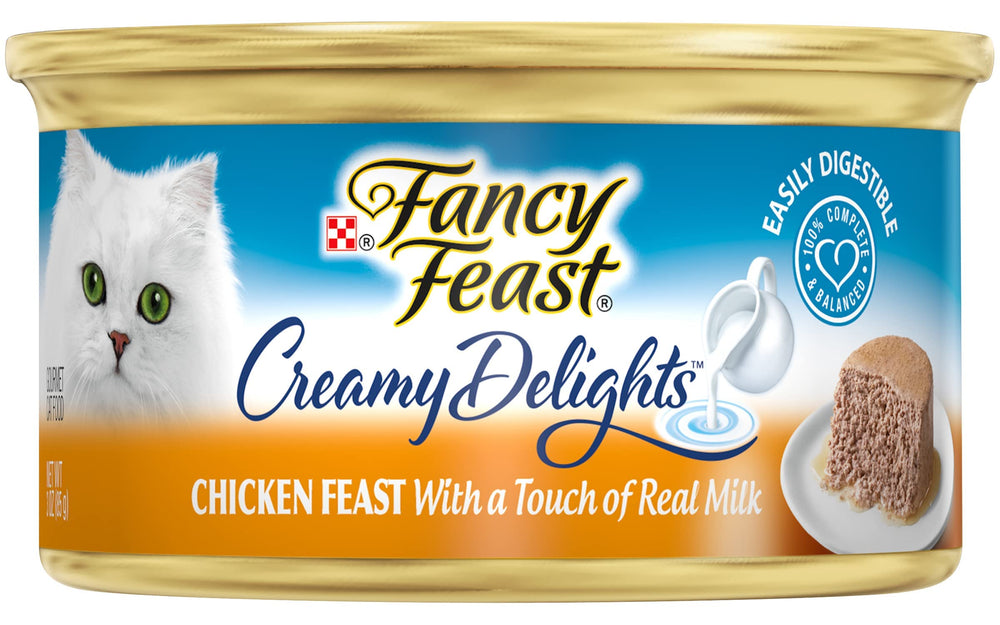 Fancy Feast Purina delicias de pollo con leche real, aroma apetitoso.