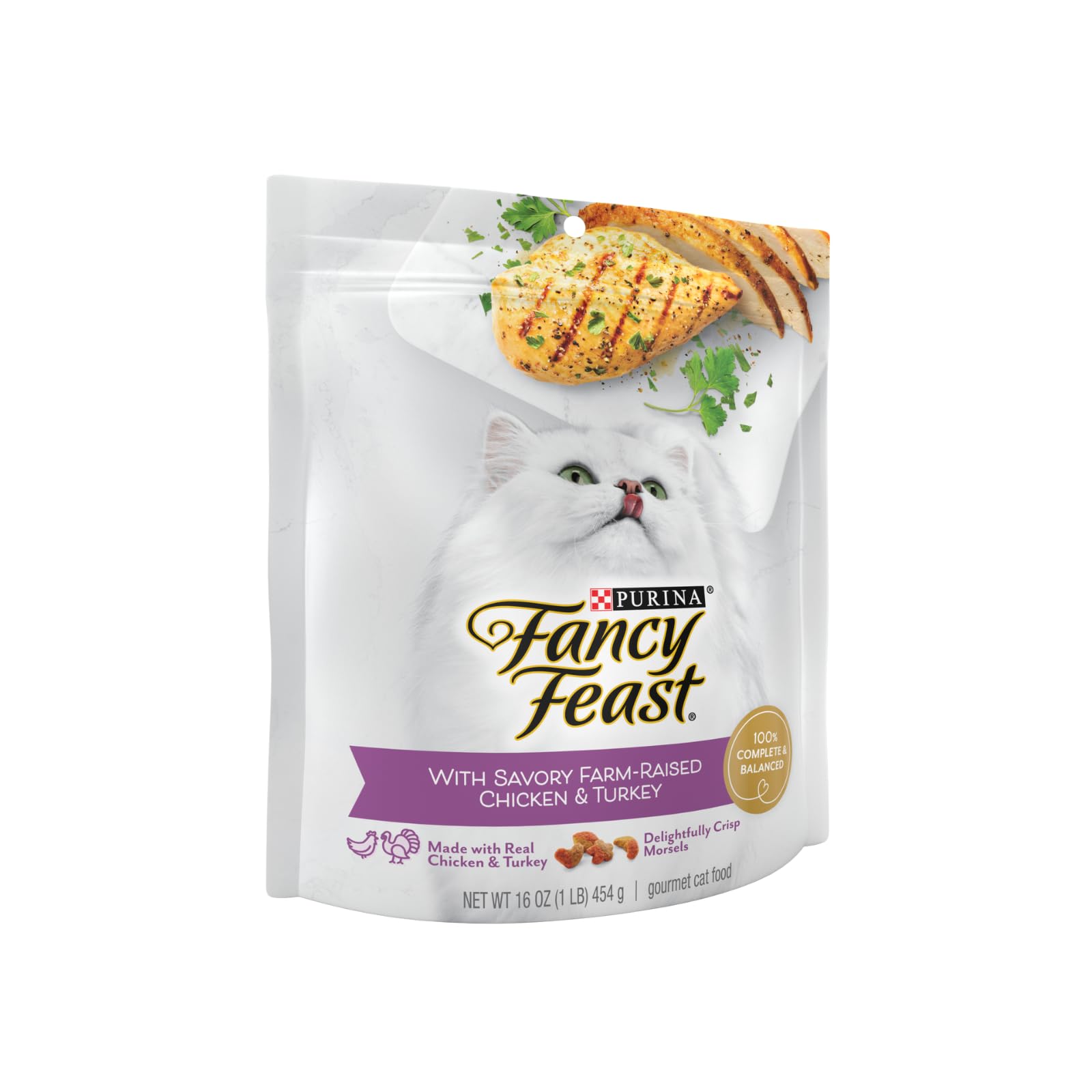 Fancy Feast Purina: croquetas secas con pollo y pavo para paladar exigente.
