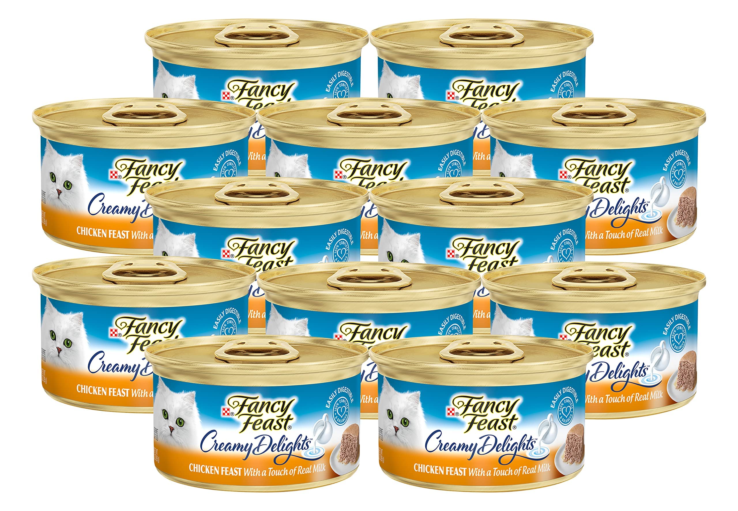 Fancy Feast Purina paté de pollo cremoso, textura suave para gatos adultos.