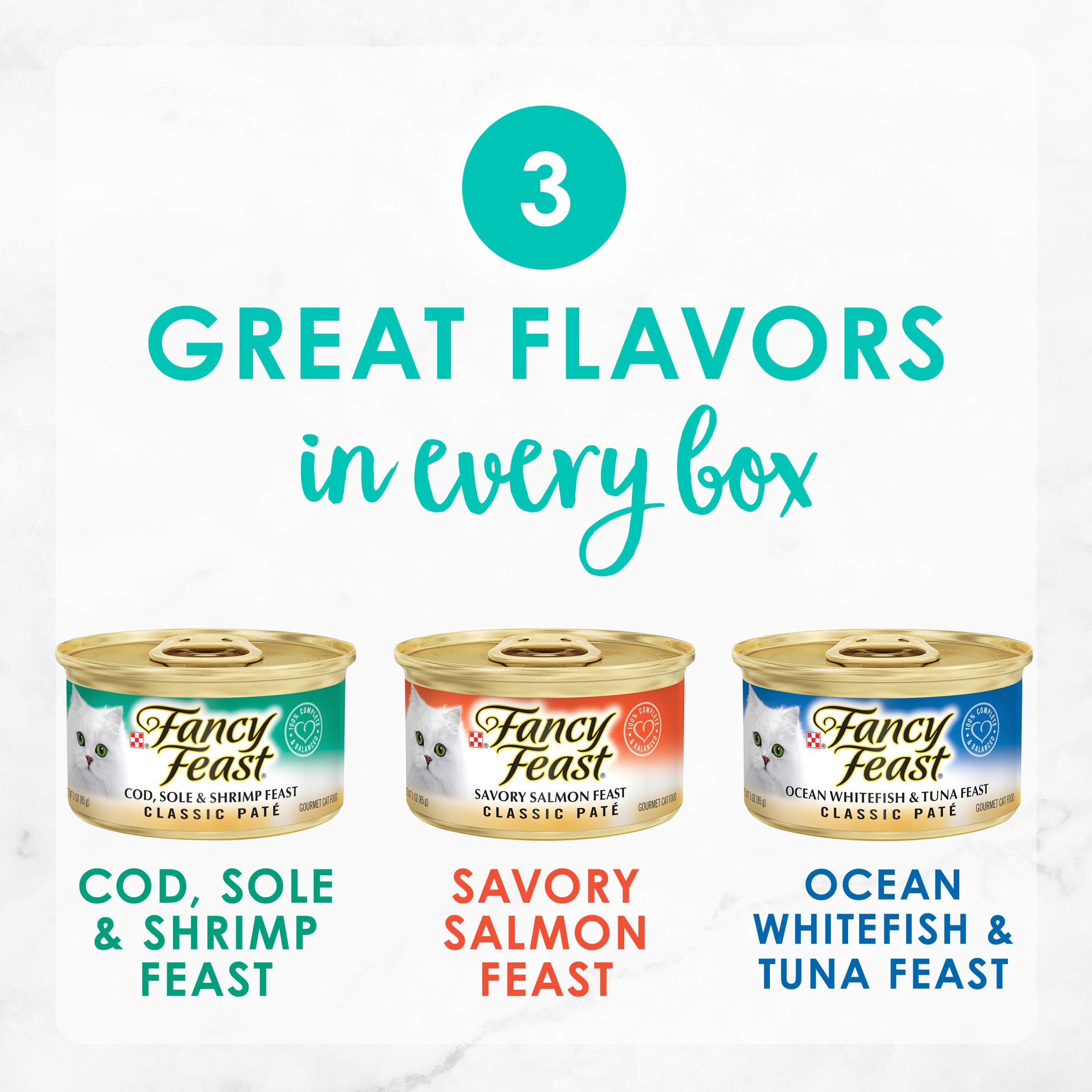 Fancy Feast Paté de salmón y lenguado con camarón, textura suave para cada comida.