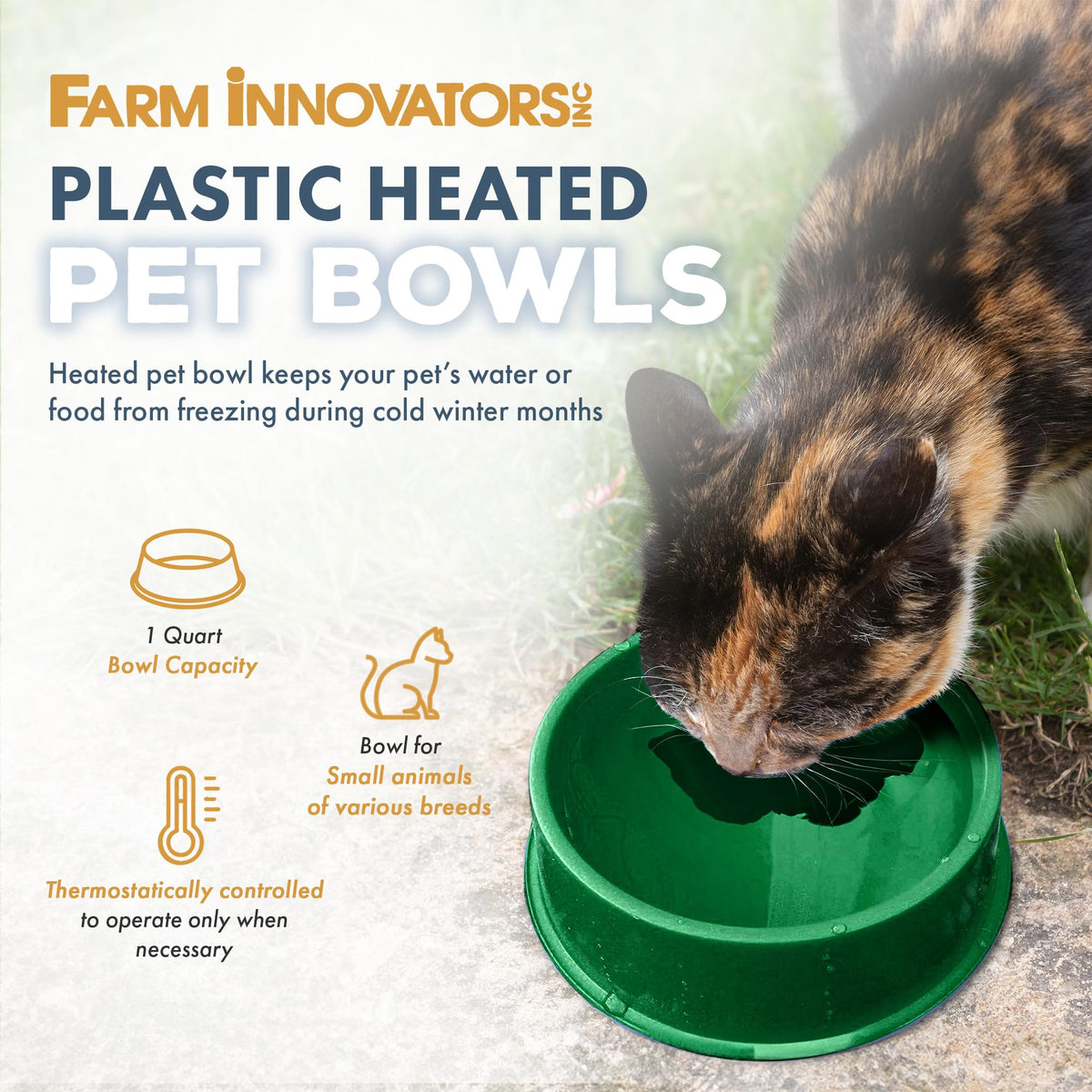 Control termostático automático Farm Innovators en tazón para mascotas ahorra energía.