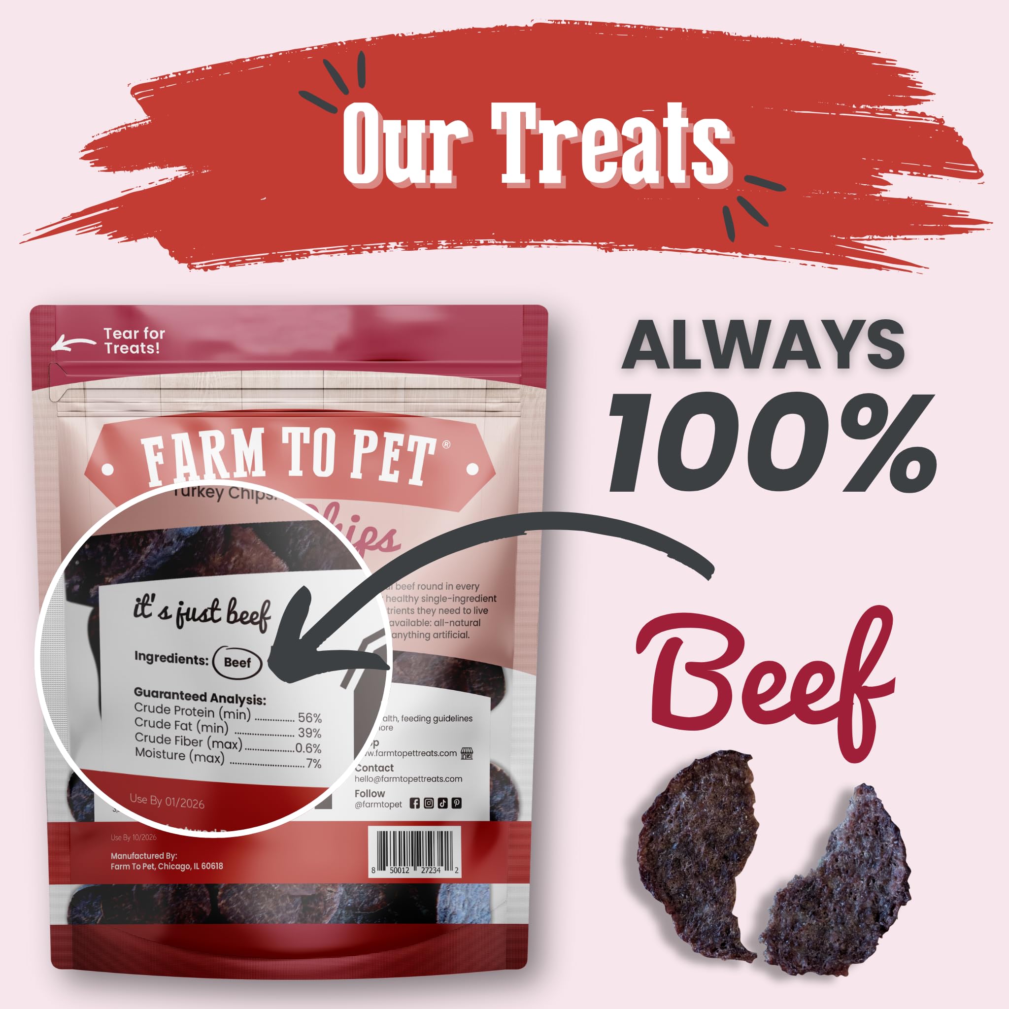 Farm To Pet chips de ternera, crocantes y sabrosas para perros activos.