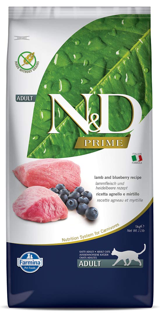 Farmina cordero-arándano para gato adulto, bolsa 11 libras, proteína alta para energía diaria.