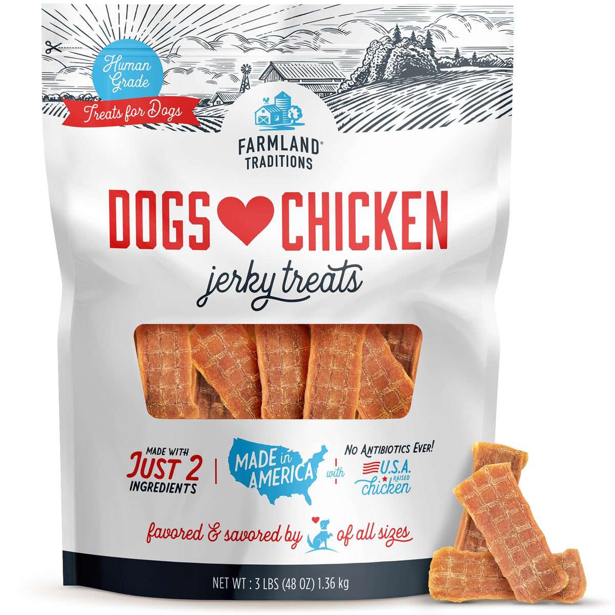 Jerky de pollo Farmland Traditions en bolsa, premio sabroso para perros.