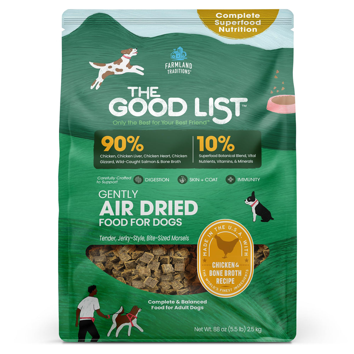 Farmland Traditions The Good List deshidratado al aire con pollo, textura jerky sabrosa.
