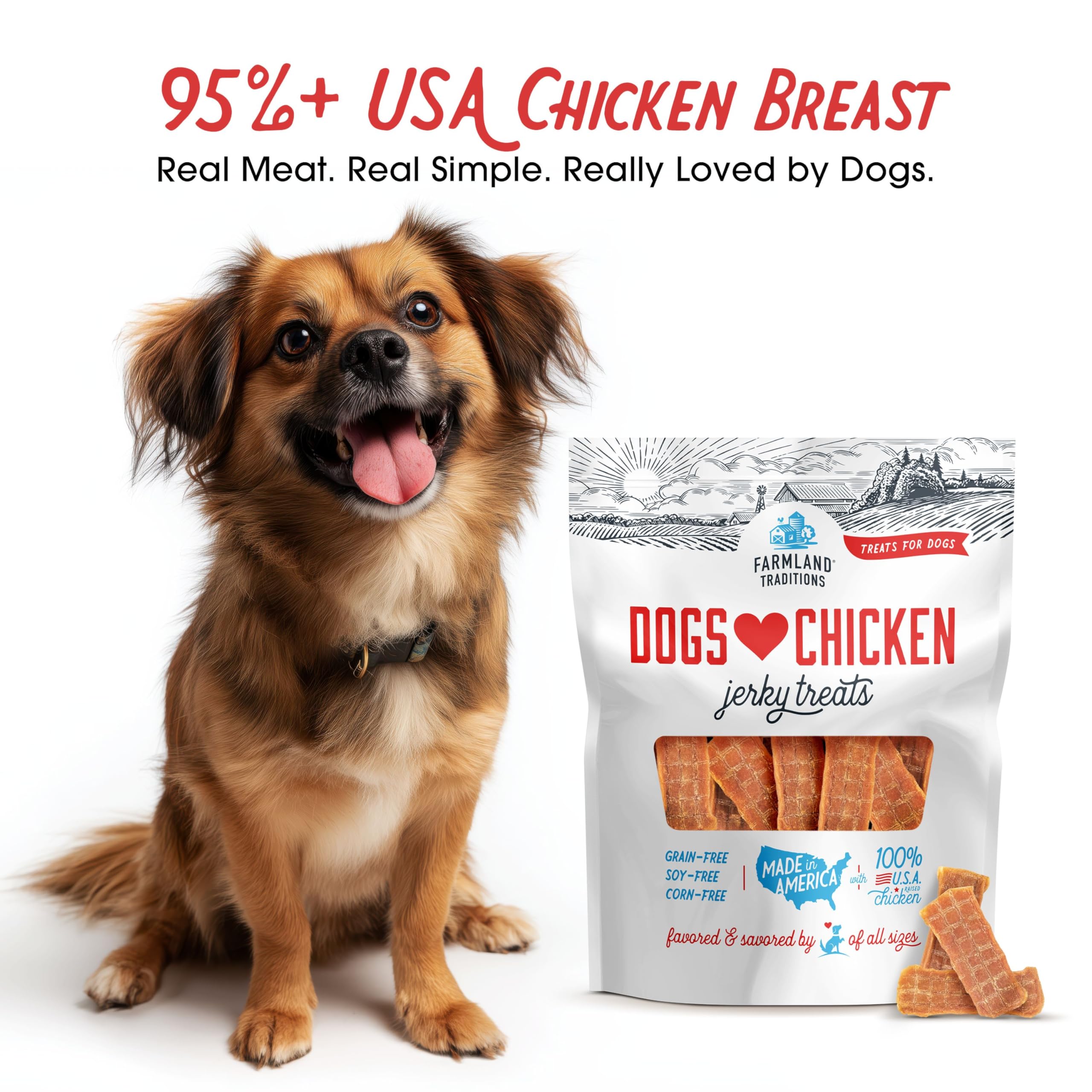 Ingredientes limitados para perros sensibles en jerky de pollo, sin rellenos ni granos.