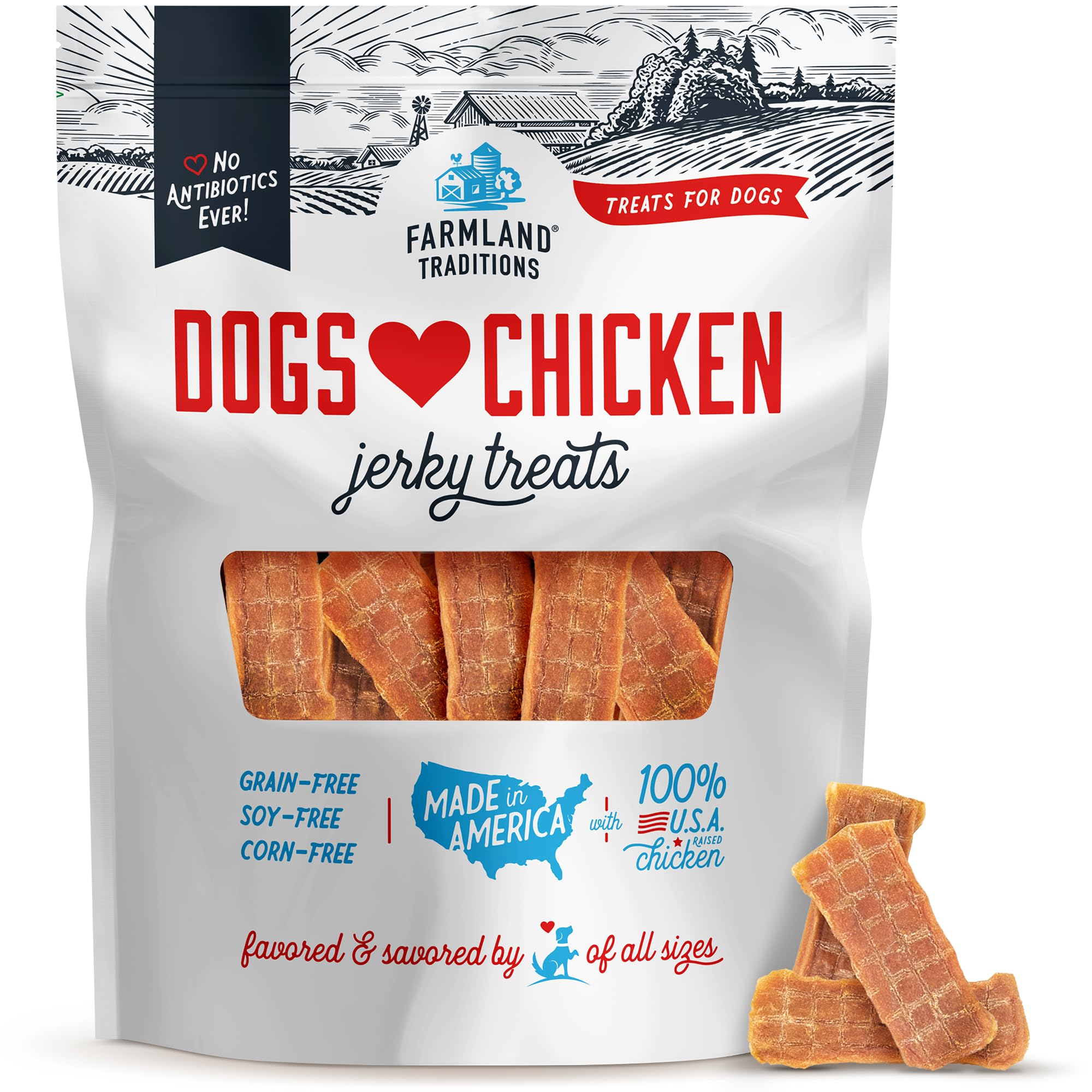 Farmland Traditions jerky de pollo para perros, ideal como premio durante el entrenamiento