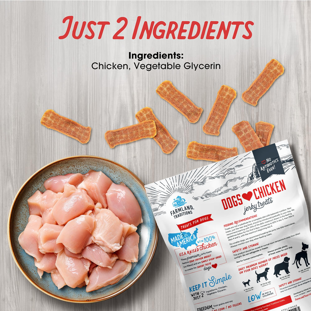 Farmland Traditions perro disfrutando jerky de pollo