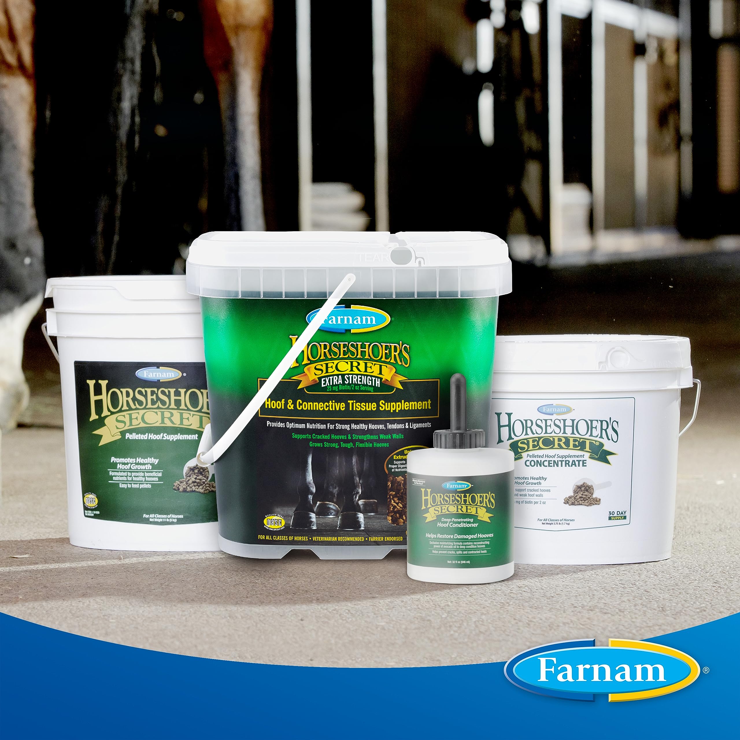 Caballo en entrenamiento con nutrición de Farnam Secreto del Herrador