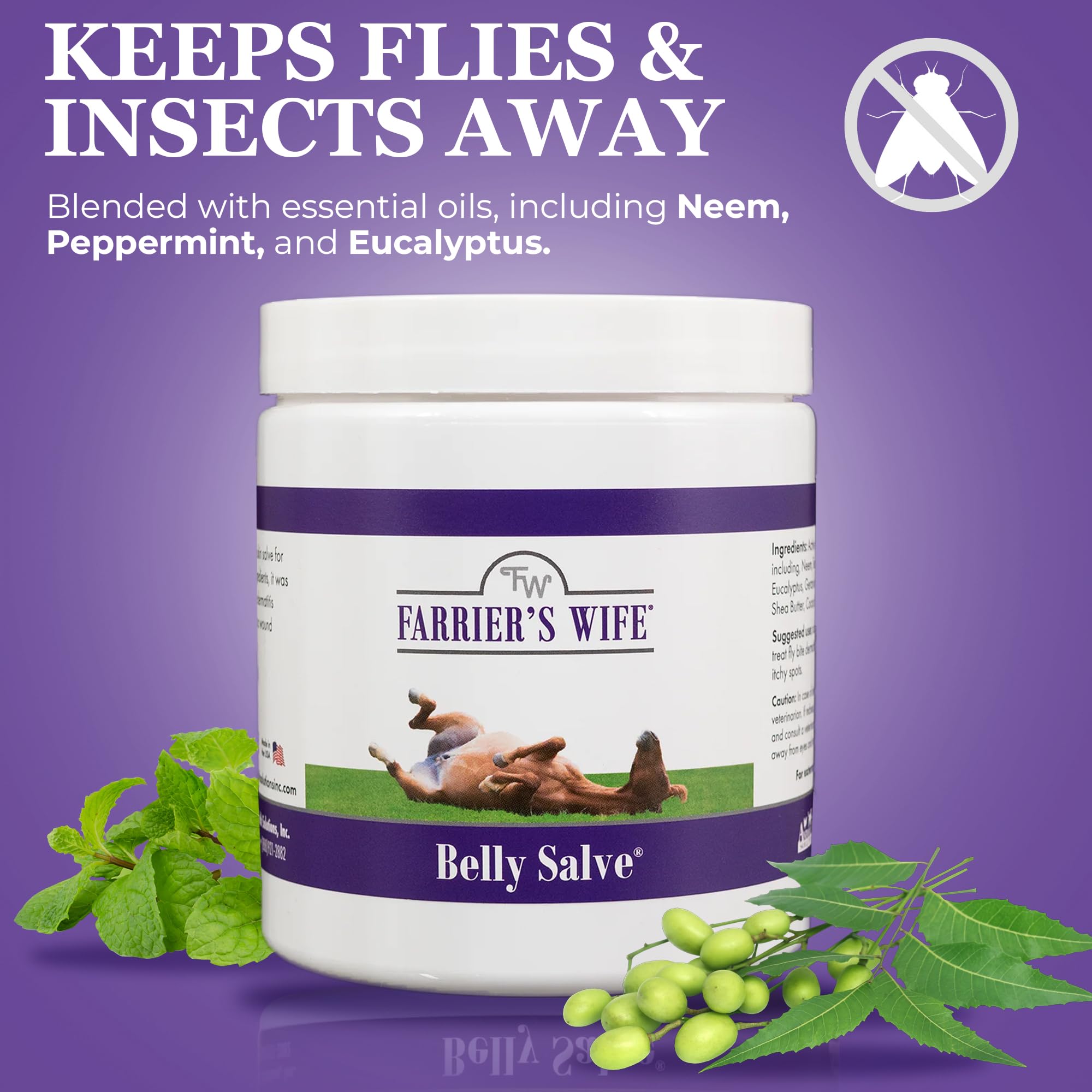 Farrier's Wife Belly Salve: envase con aceites naturales para disuasión de insectos.