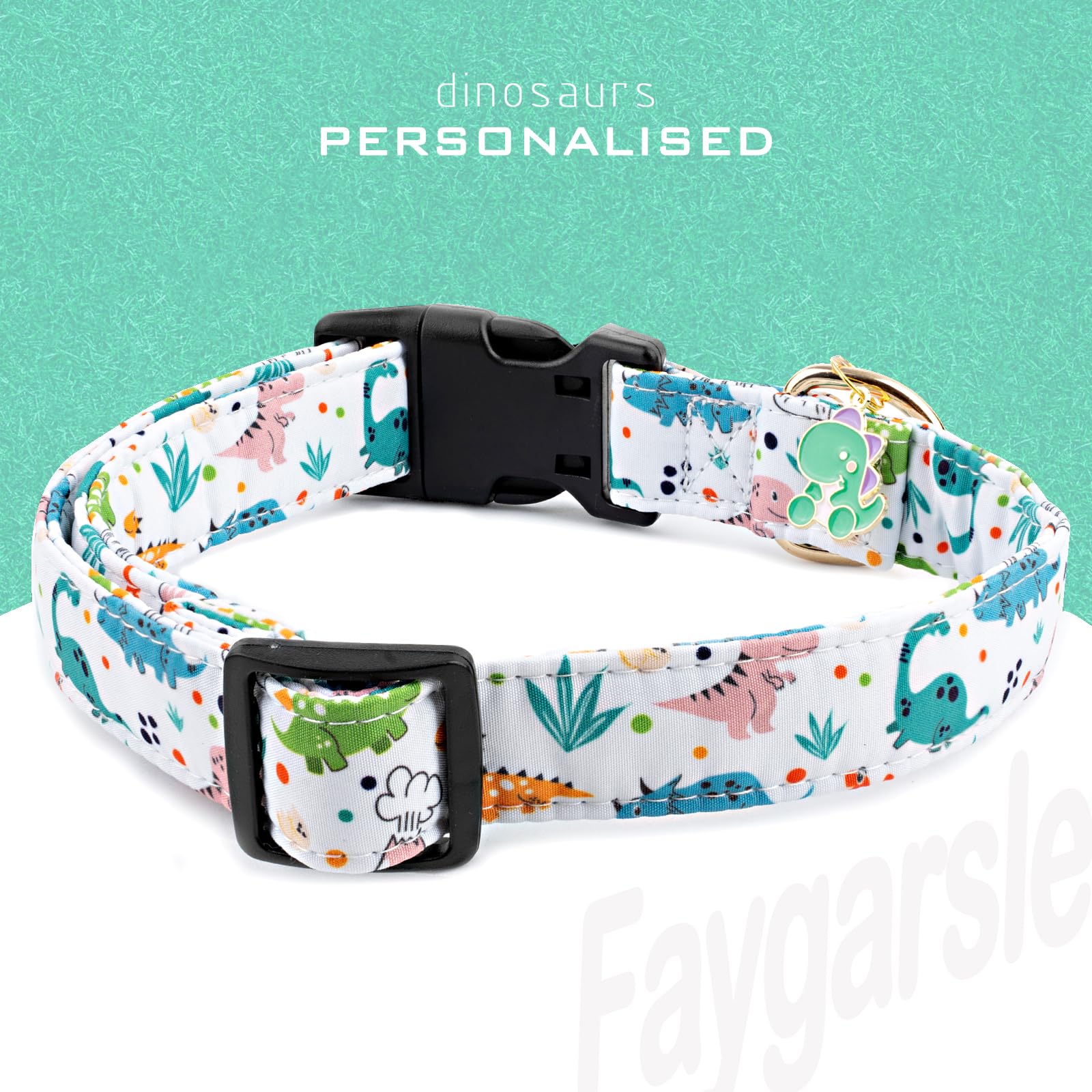 Collar Faygarsle Dinosaurios Blanco, ajuste fiable para perros pequeños y medianos.