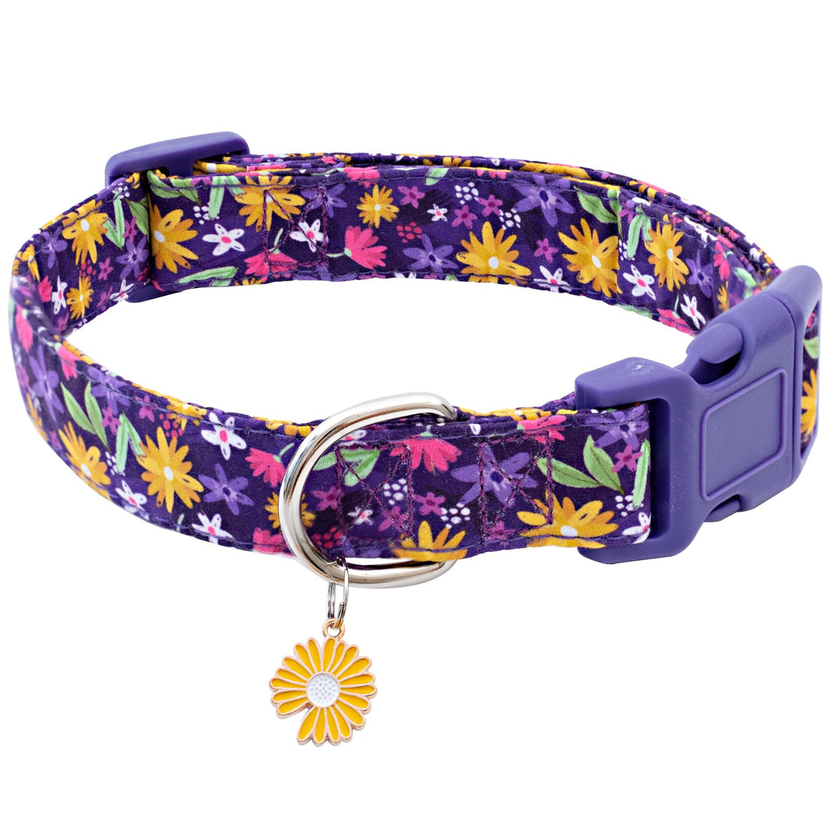 Collar Faygarsle de algodón con estampado floral morado y amarillo, ideal para paseos.