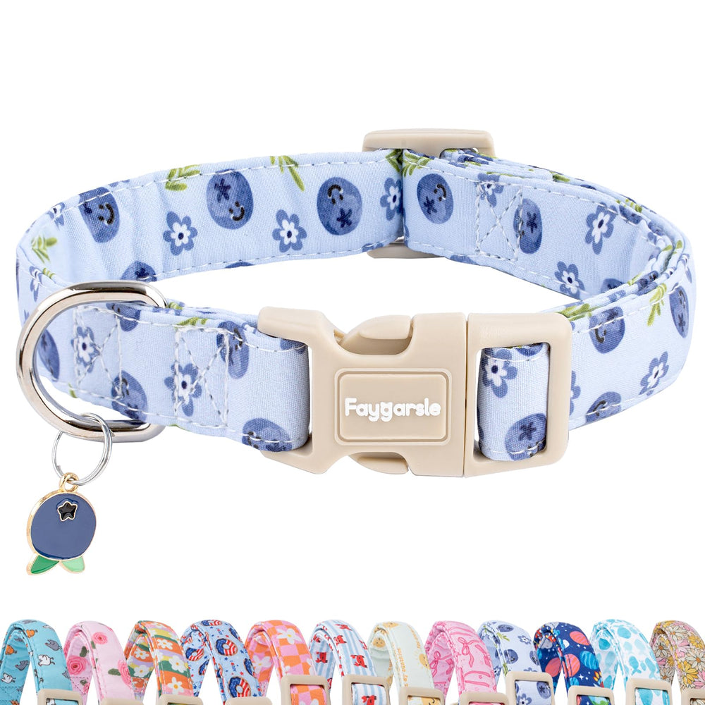 Collar Faygarsle con patrón arándanos azul, perfecto para paseos veraniegos.