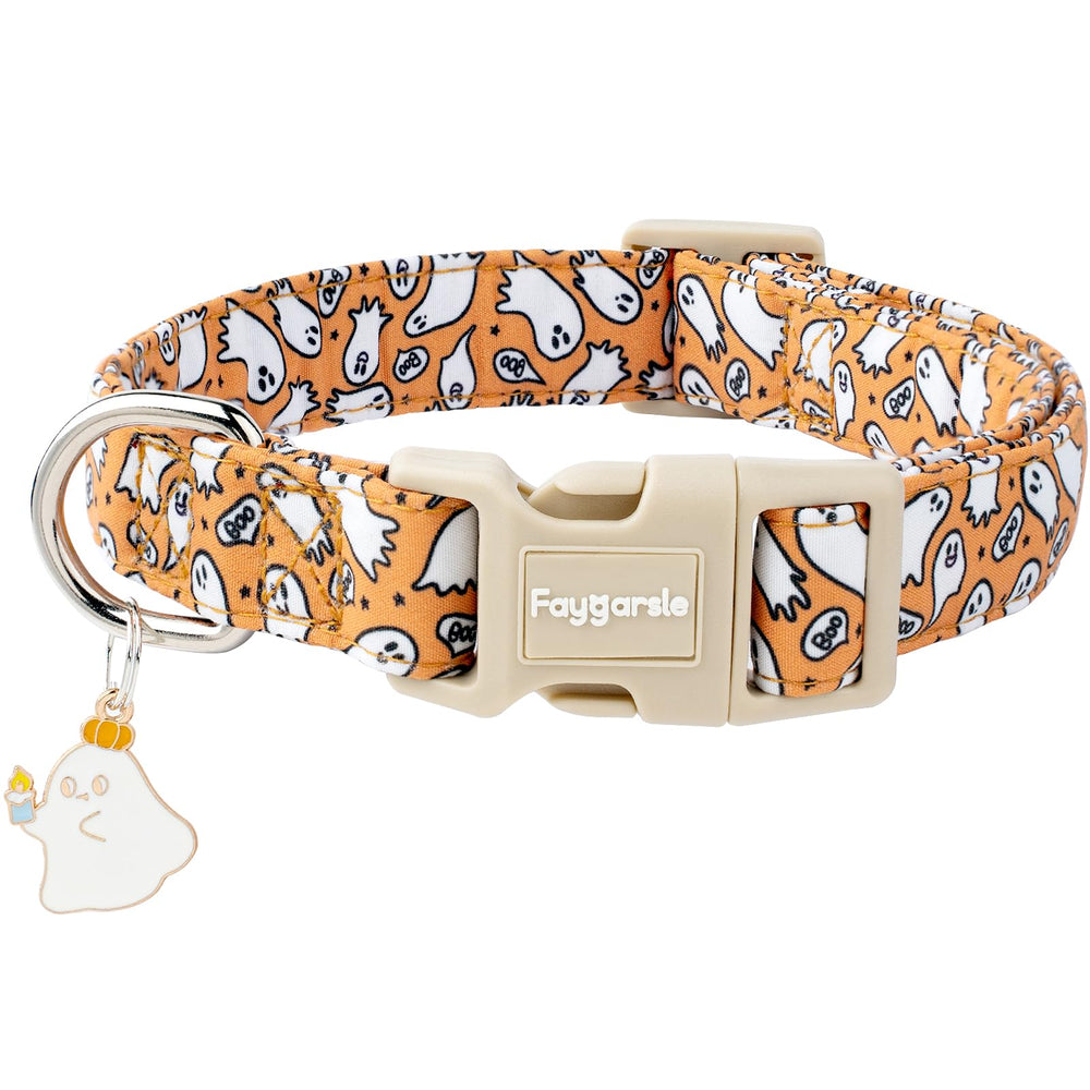 Collar Faygarsle con patrón fantasma naranja, perfecto para la Noche de Brujas.