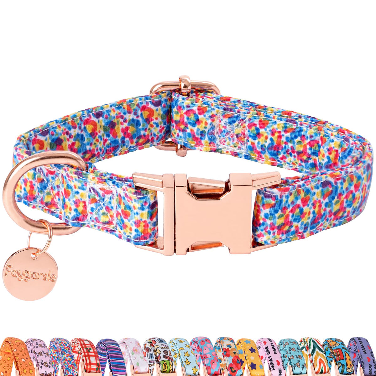 Collar Faygarsle con manchas multicolores sobre fondo blanco, ideal para paseos diarios.