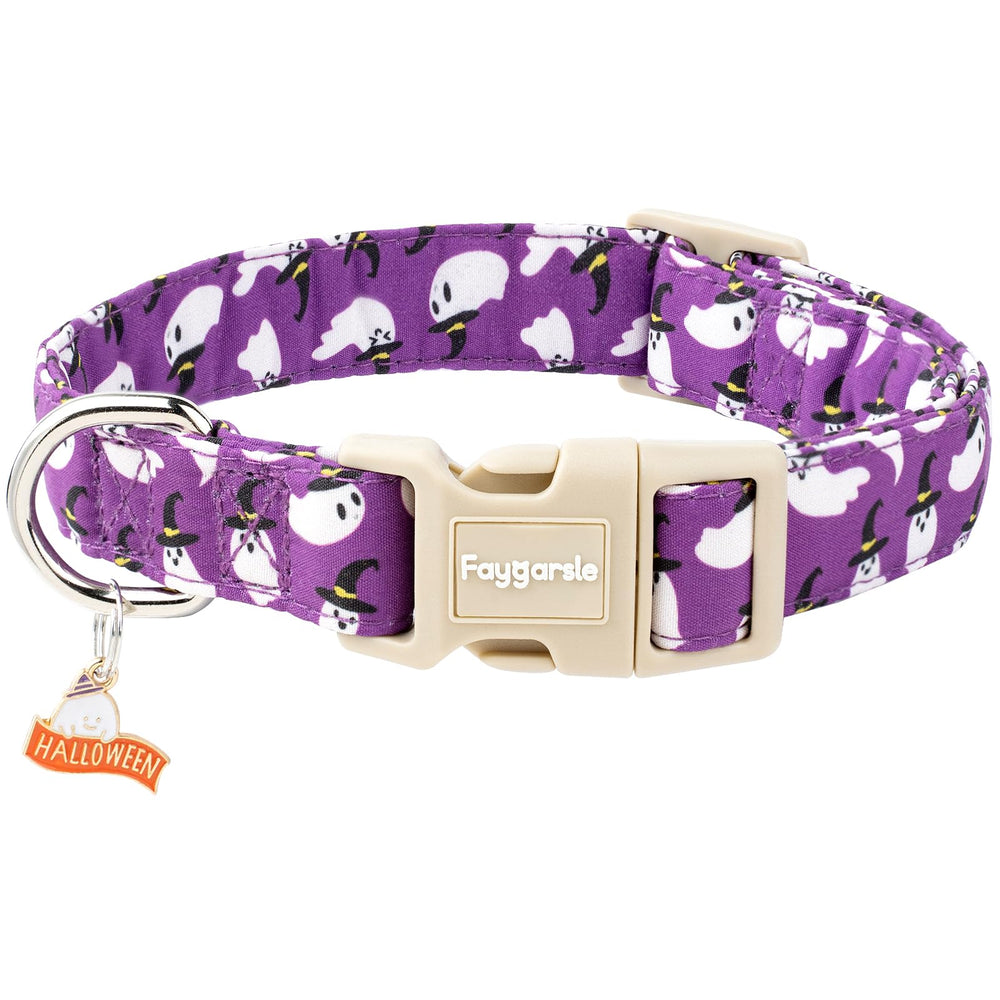 Collar Faygarsle para perro con patrón fantasma morado, ideal para festividades de la noche de brujas.