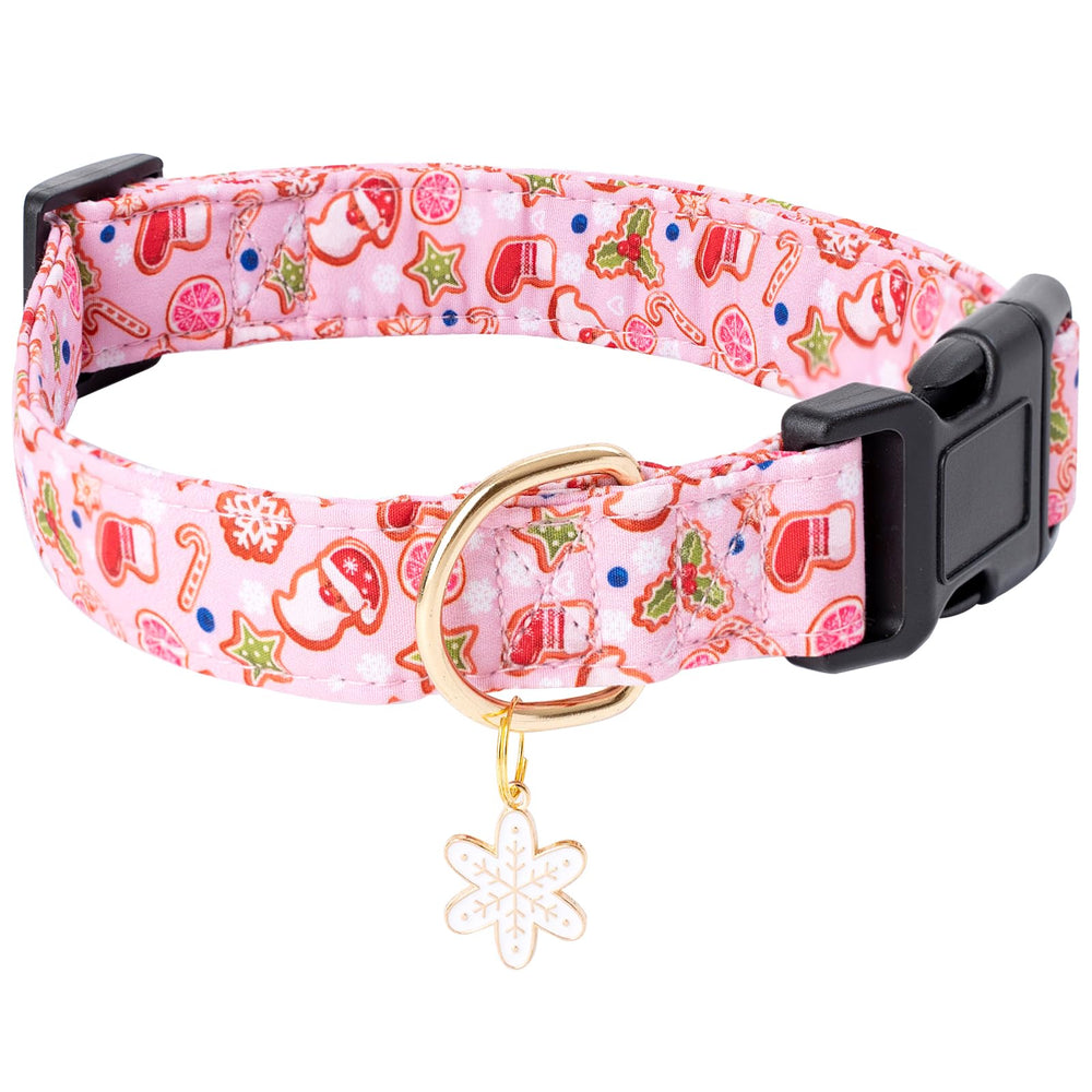Collar Faygarsle para perro rosa con estampado navideño, ideal para paseos festivos.