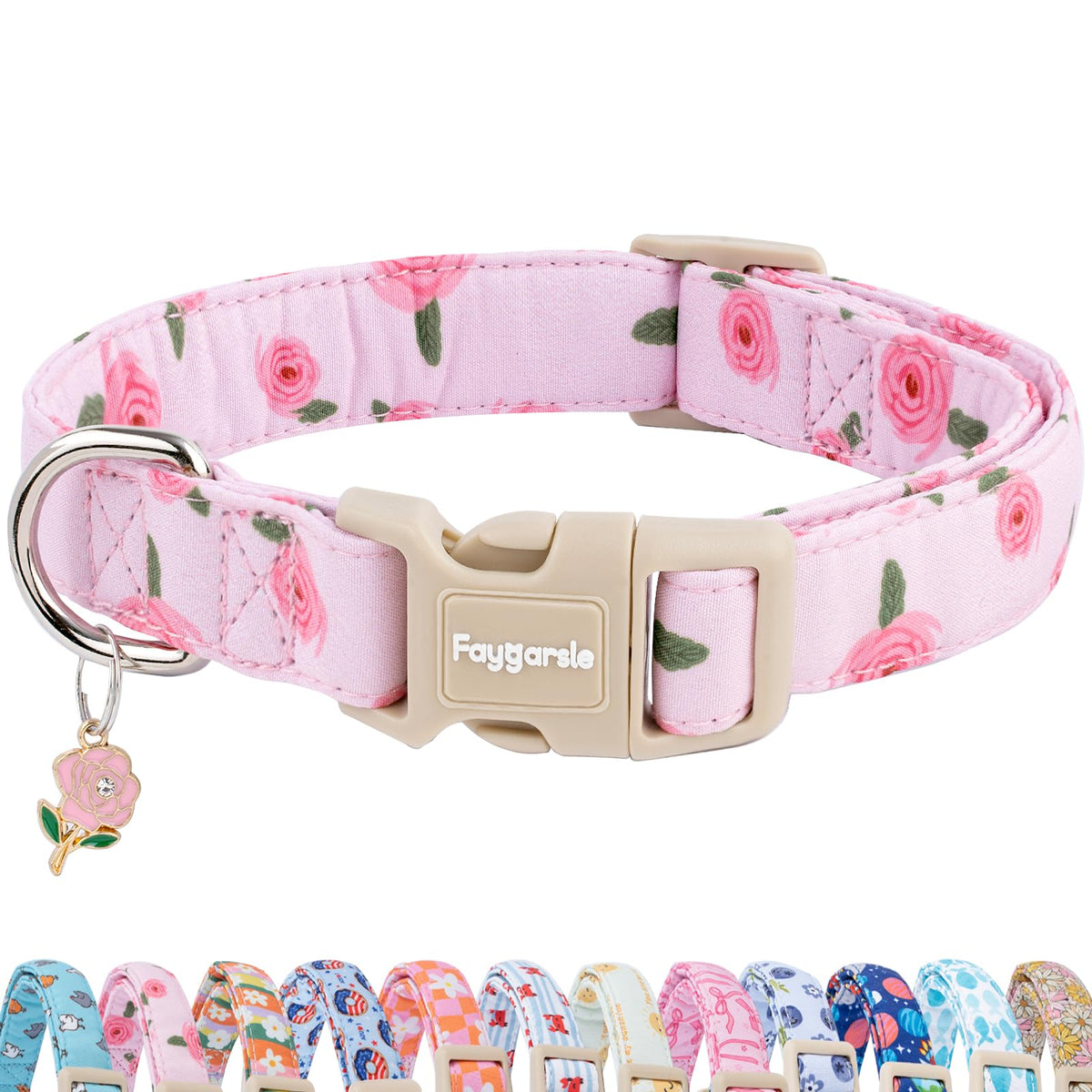 Collar Faygarsle rosa con rosas, ideal para paseos diarios.