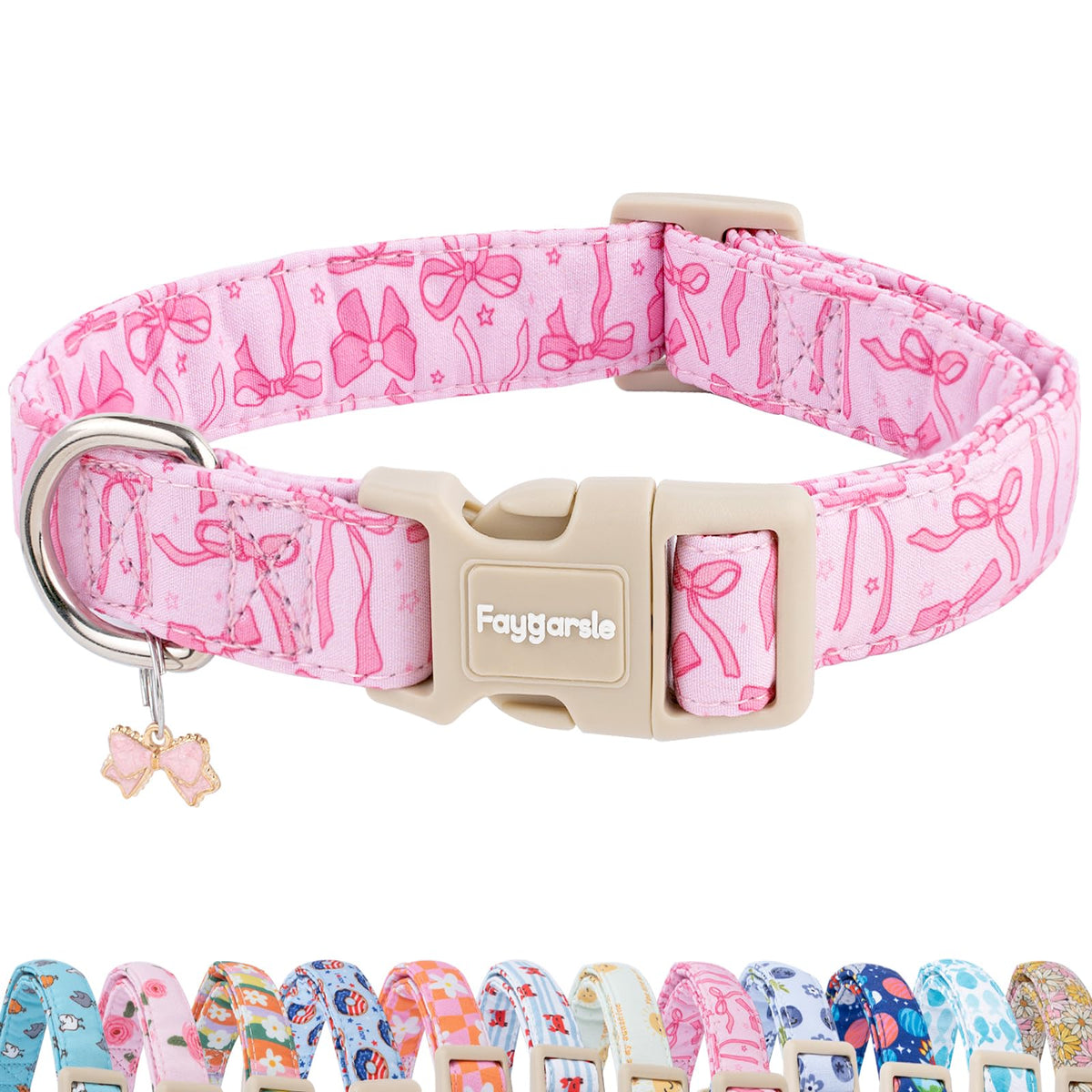 Collar Faygarsle para perros con lazo rosa, diseño elegante para paseos diarios.