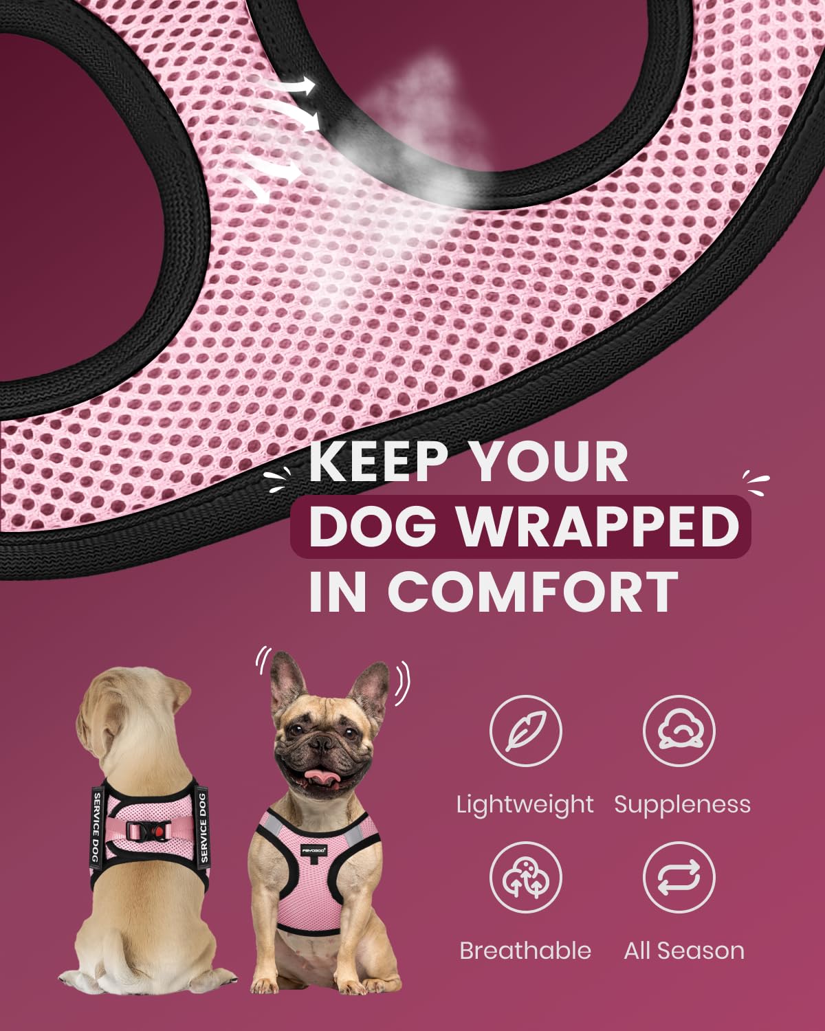 FAYOGOO arnés de servicio para perros: cierre Velcro y hebilla en D para ajuste seguro.