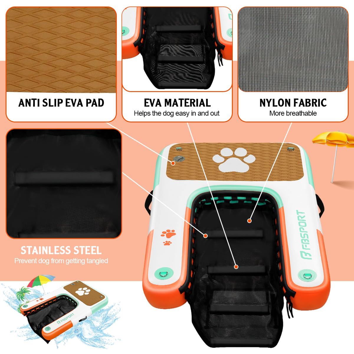 FBSPORT rampa para perros en piscina, uso fácil y estable